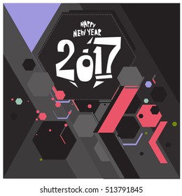 Happy New Year 2017 background. Calendar cover template. Colorful & Modern memphis style background. Greeting card vector illustration.