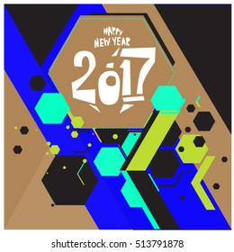 Happy New Year 2017 background. Calendar cover template. Colorful & Modern memphis style background. Greeting card vector illustration.