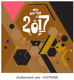 Happy New Year 2017 background. Calendar cover template. Colorful & Modern memphis style background. Greeting card vector illustration.