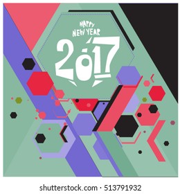 Happy New Year 2017 background. Calendar cover template. Colorful & Modern memphis style background. Greeting card vector illustration.