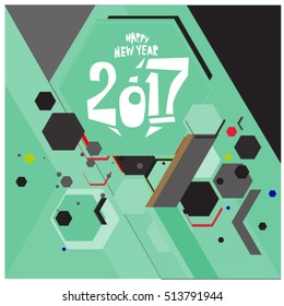 Happy New Year 2017 background. Calendar cover template. Colorful & Modern memphis style background. Greeting card vector illustration.