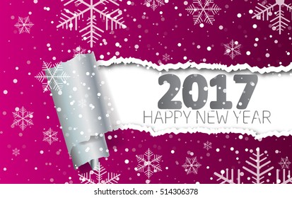 Happy New Year 2017. Background with snowflakes and torn paper.