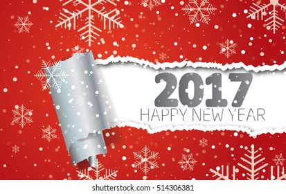 Happy New Year 2017. Background with snowflakes and torn paper.