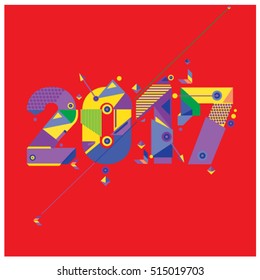 Happy New Year 2017 background. Calendar cover template. Colorful & Modern memphis style background. Greeting card vector illustration.