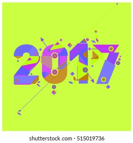 Happy New Year 2017 background. Calendar cover template. Colorful & Modern memphis style background. Greeting card vector illustration.