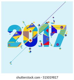 Happy New Year 2017 background. Calendar cover template. Colorful & Modern memphis style background. Greeting card vector illustration.