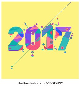 Happy New Year 2017 background. Calendar cover template. Colorful & Modern memphis style background. Greeting card vector illustration.