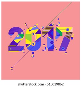 Happy New Year 2017 background. Calendar cover template. Colorful & Modern memphis style background. Greeting card vector illustration.