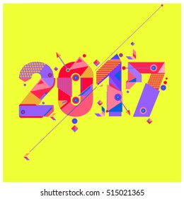 Happy New Year 2017 background. Calendar cover template. Colorful & Modern memphis style background. Greeting card vector illustration.