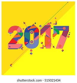Happy New Year 2017 background. Calendar cover template. Colorful & Modern memphis style background. Greeting card vector illustration.