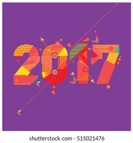 Happy New Year 2017 background. Calendar cover template. Colorful & Modern memphis style background. Greeting card vector illustration.