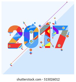 Happy New Year 2017 background. Calendar cover template. Colorful & Modern memphis style background. Greeting card vector illustration.