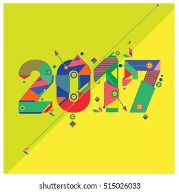 Happy New Year 2017 background. Calendar cover template. Colorful & Modern memphis style background. Greeting card vector illustration.