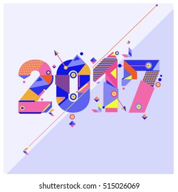 Happy New Year 2017 background. Calendar cover template. Colorful & Modern memphis style background. Greeting card vector illustration.