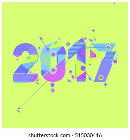 Happy New Year 2017 background. Calendar cover template. Colorful & Modern memphis style background. Greeting card vector illustration.