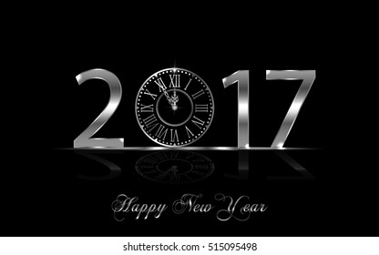 Happy New Year 2017. Background with silver sparkling texture. Vector iIlustration with clock.