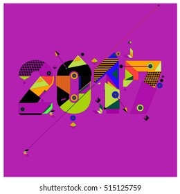 Happy New Year 2017 background. Calendar cover template. Colorful & Modern memphis style background. Greeting card vector illustration.