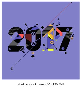 Happy New Year 2017 background. Calendar cover template. Colorful & Modern memphis style background. Greeting card vector illustration.