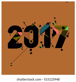 Happy New Year 2017 background. Calendar cover template. Colorful & Modern memphis style background. Greeting card vector illustration.