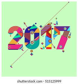 Happy New Year 2017 background. Calendar cover template. Colorful & Modern memphis style background. Greeting card vector illustration.