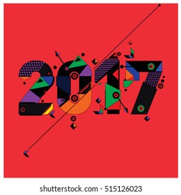 Happy New Year 2017 background. Calendar cover template. Colorful & Modern memphis style background. Greeting card vector illustration.