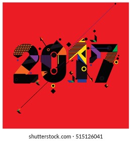 Happy New Year 2017 background. Calendar cover template. Colorful & Modern memphis style background. Greeting card vector illustration.