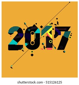 Happy New Year 2017 background. Calendar cover template. Colorful & Modern memphis style background. Greeting card vector illustration.
