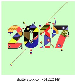 Happy New Year 2017 background. Calendar cover template. Colorful & Modern memphis style background. Greeting card vector illustration.
