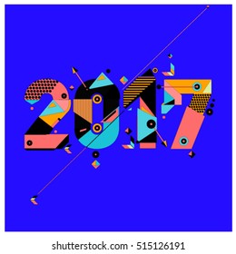 Happy New Year 2017 background. Calendar cover template. Colorful & Modern memphis style background. Greeting card vector illustration.