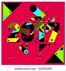 Happy New Year 2017 background. Calendar cover template. Colorful & Modern memphis style background. Greeting card vector illustration.
