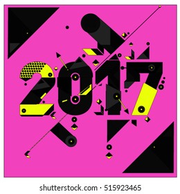 Happy New Year 2017 background. Calendar cover template. Colorful & Modern memphis style background. Greeting card vector illustration.