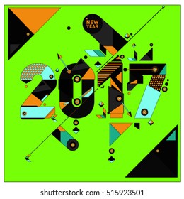 Happy New Year 2017 background. Calendar cover template. Colorful & Modern memphis style background. Greeting card vector illustration.