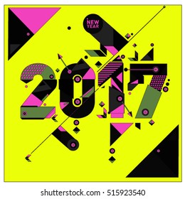 Happy New Year 2017 background. Calendar cover template. Colorful & Modern memphis style background. Greeting card vector illustration.