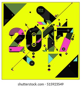 Happy New Year 2017 background. Calendar cover template. Colorful & Modern memphis style background. Greeting card vector illustration.