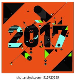 Happy New Year 2017 background. Calendar cover template. Colorful & Modern memphis style background. Greeting card vector illustration.