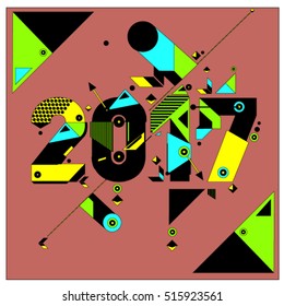 Happy New Year 2017 background. Calendar cover template. Colorful & Modern memphis style background. Greeting card vector illustration.