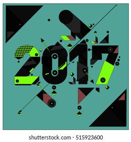 Happy New Year 2017 background. Calendar cover template. Colorful & Modern memphis style background. Greeting card vector illustration.