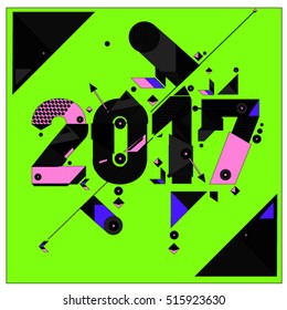 Happy New Year 2017 background. Calendar cover template. Colorful & Modern memphis style background. Greeting card vector illustration.