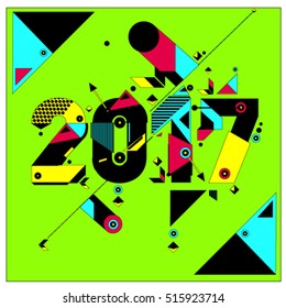 Happy New Year 2017 background. Calendar cover template. Colorful & Modern memphis style background. Greeting card vector illustration.