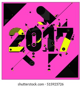 Happy New Year 2017 background. Calendar cover template. Colorful & Modern memphis style background. Greeting card vector illustration.