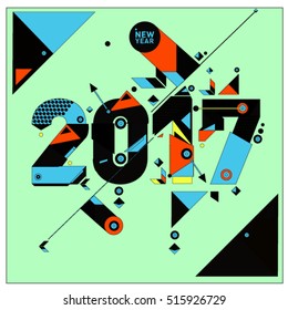 Happy New Year 2017 background. Calendar cover template. Colorful & Modern memphis style background. Greeting card vector illustration.