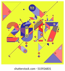 Happy New Year 2017 background. Calendar cover template. Colorful & Modern memphis style background. Greeting card vector illustration.