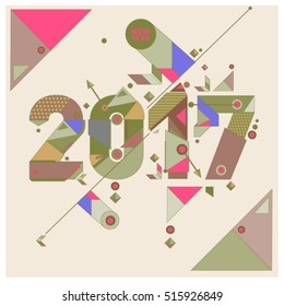 Happy New Year 2017 background. Calendar cover template. Colorful & Modern memphis style background. Greeting card vector illustration.