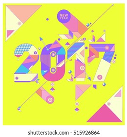 Happy New Year 2017 background. Calendar cover template. Colorful & Modern memphis style background. Greeting card vector illustration.