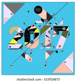 Happy New Year 2017 background. Calendar cover template. Colorful & Modern memphis style background. Greeting card vector illustration.