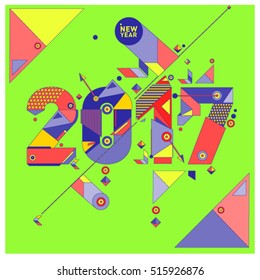 Happy New Year 2017 background. Calendar cover template. Colorful & Modern memphis style background. Greeting card vector illustration.