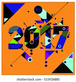 Happy New Year 2017 background. Calendar cover template. Colorful & Modern memphis style background. Greeting card vector illustration.