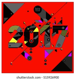 Happy New Year 2017 background. Calendar cover template. Colorful & Modern memphis style background. Greeting card vector illustration.