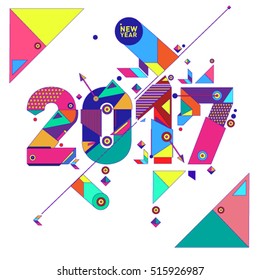 Happy New Year 2017 background. Calendar cover template. Colorful & Modern memphis style background. Greeting card vector illustration.