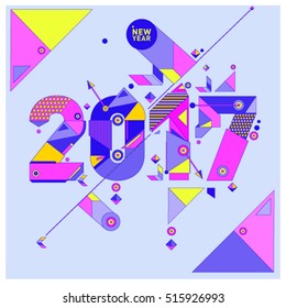 Happy New Year 2017 background. Calendar cover template. Colorful & Modern memphis style background. Greeting card vector illustration.
